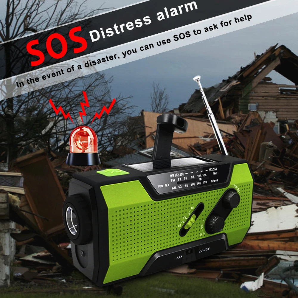 Must-Have Survival Tool! Weather Radio + Power Bank + SOS in 1!  Stay Safe Anywhere — Solar, USB & Crank Powered!