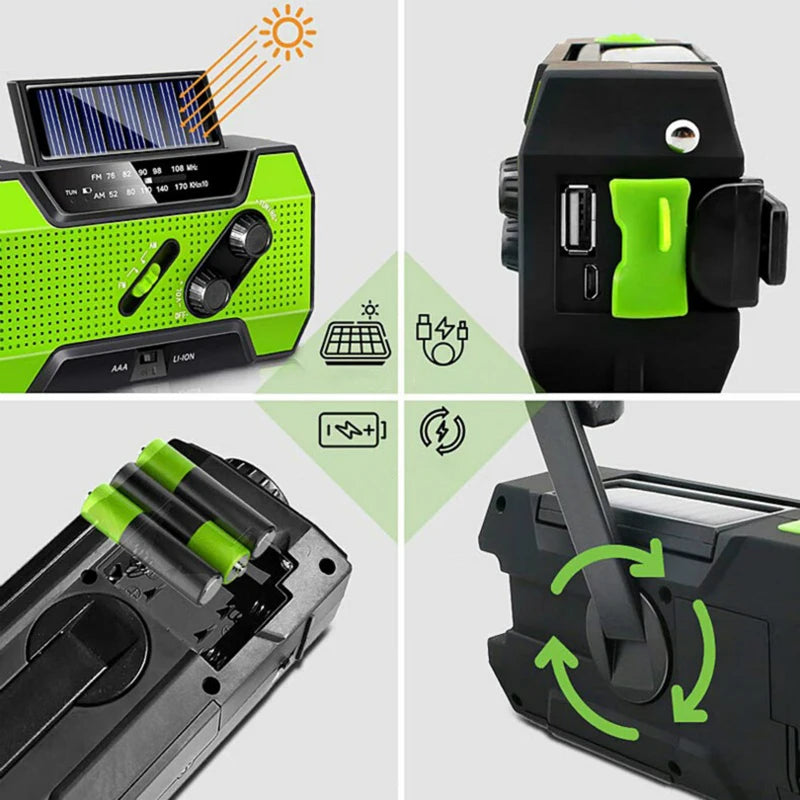 Must-Have Survival Tool! Weather Radio + Power Bank + SOS in 1!  Stay Safe Anywhere — Solar, USB & Crank Powered!